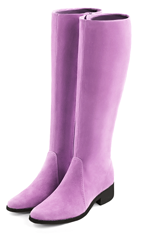 Mauve purple women's riding knee-high boots. Round toe. Low leather soles. Made to measure. Front view - Florence KOOIJMAN